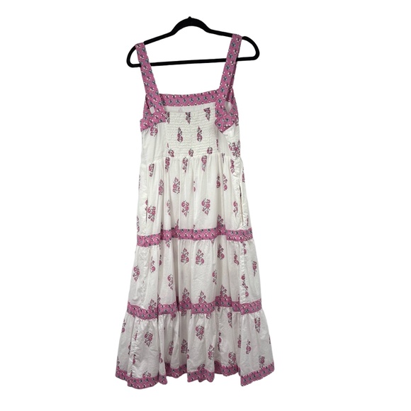 J.Crew Maxi Dress Womens 12 White Pink Floral Tiered Smocked‎ Wide Straps - Picture 2 of 10